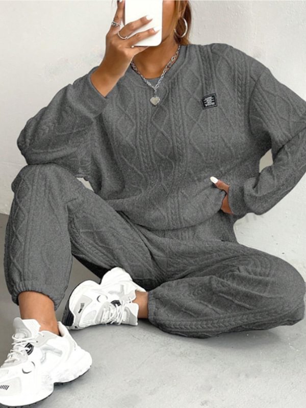 Women's Casual Solid Jacquard Textured Long Sleeve Sweatshirt Pants Matching Set