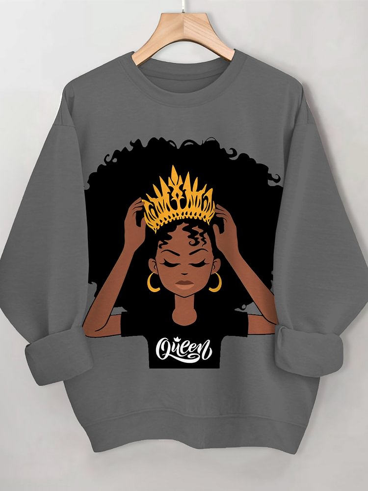 Women's Black Queen Print Cotton Long Sleeve T-Shirt Thin Sweatshirt