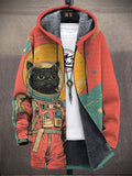 Men's Black Cat Astronaut Color Block Art Print Hooded Trench Coat