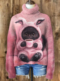 Women's Cute Black Cat In Plush Clothes Drinking Coffee Print High Neck Knit Sweatshirt