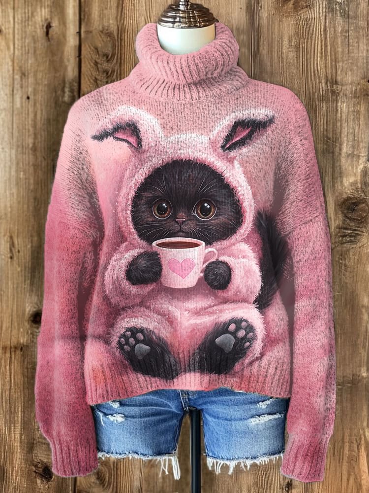 Women's Cute Black Cat In Plush Clothes Drinking Coffee Print High Neck Knit Sweatshirt