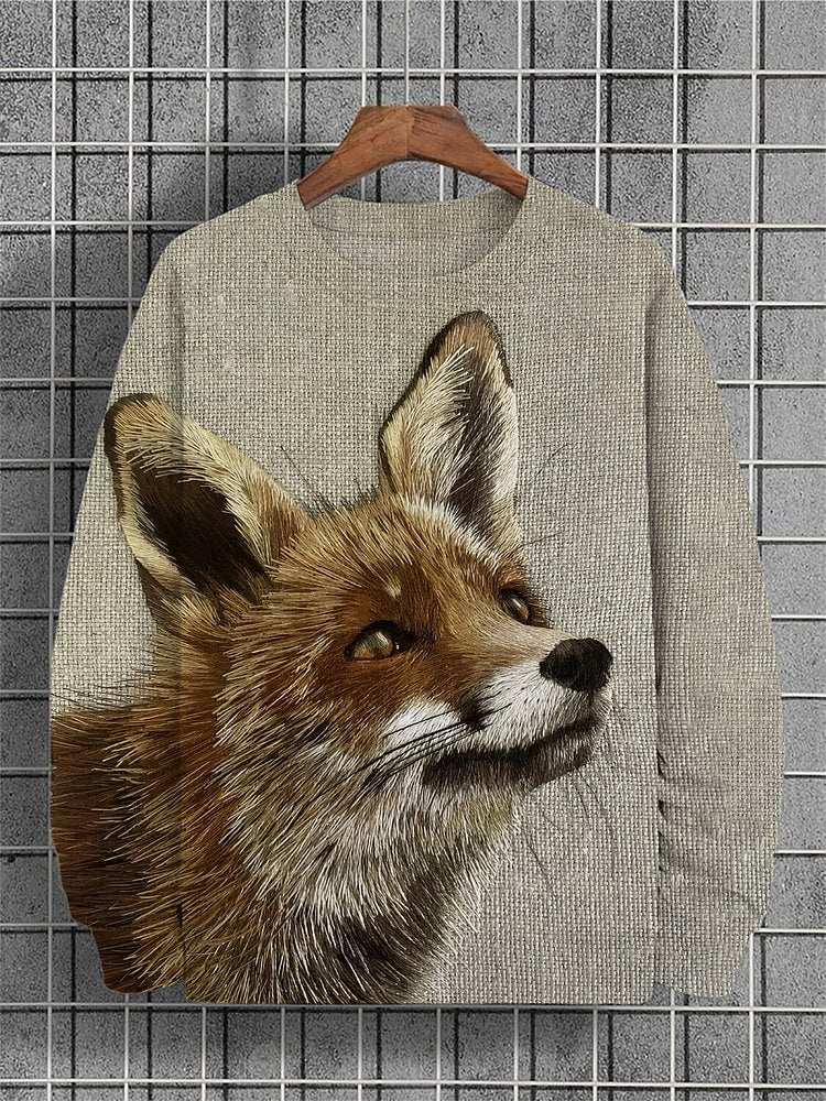 Men's Embroidery Fox Print Casual Sweatshirt