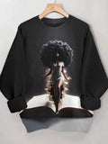 Women's Afro Hairstyle Black Girl Reading Print Casual Sweatshirt