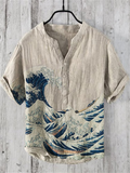 Men's Rough Seas Wave Art Print Linen Blend Half Button Shirt