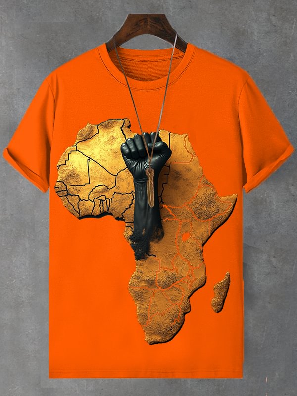 Men's African Map Black Fist Three-Dimensional Print Cotton Casual T-Shirt