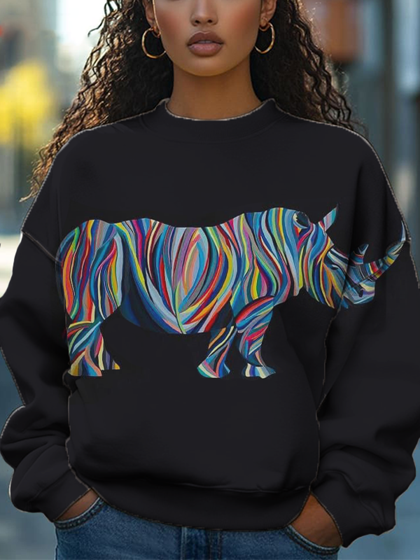 Women's Africa Animal Nature Abstract Art Colorful Rhino Graphic Print Casual Sweatshirt