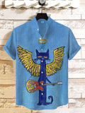 Men's Fun Blue Cat Angel Playing Guitar Print Casual Shirt