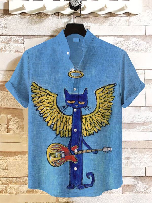 Men's Fun Blue Cat Angel Playing Guitar Print Casual Shirt