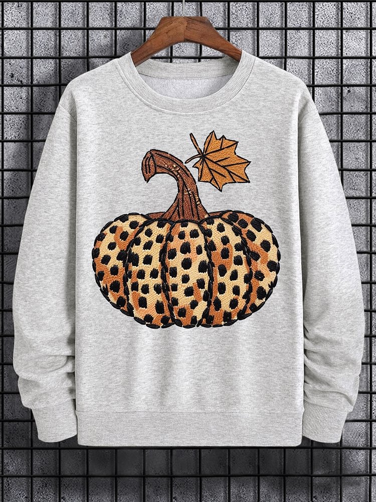 Men's Pumpkin Leopard Embroidery Print Cotton Casual Sweatshirt