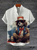 Men's Cool American Patriotic Dog Art Print Linen Blend Shirt