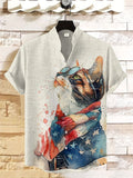 Men's USA Patriot Cat Watercolor Print Linen Blend Shirt
