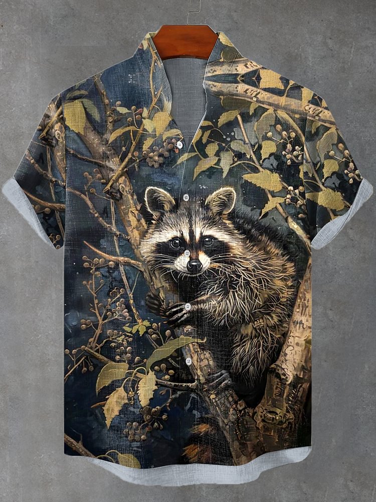 Men's Vintage Dark Night Forest Raccoon Print Linen Blend Shirt