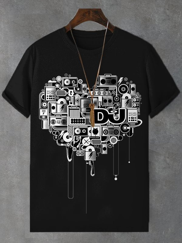 Men's Vintage Heart Pattern Music Art Print Cotton Casual T-Shirt