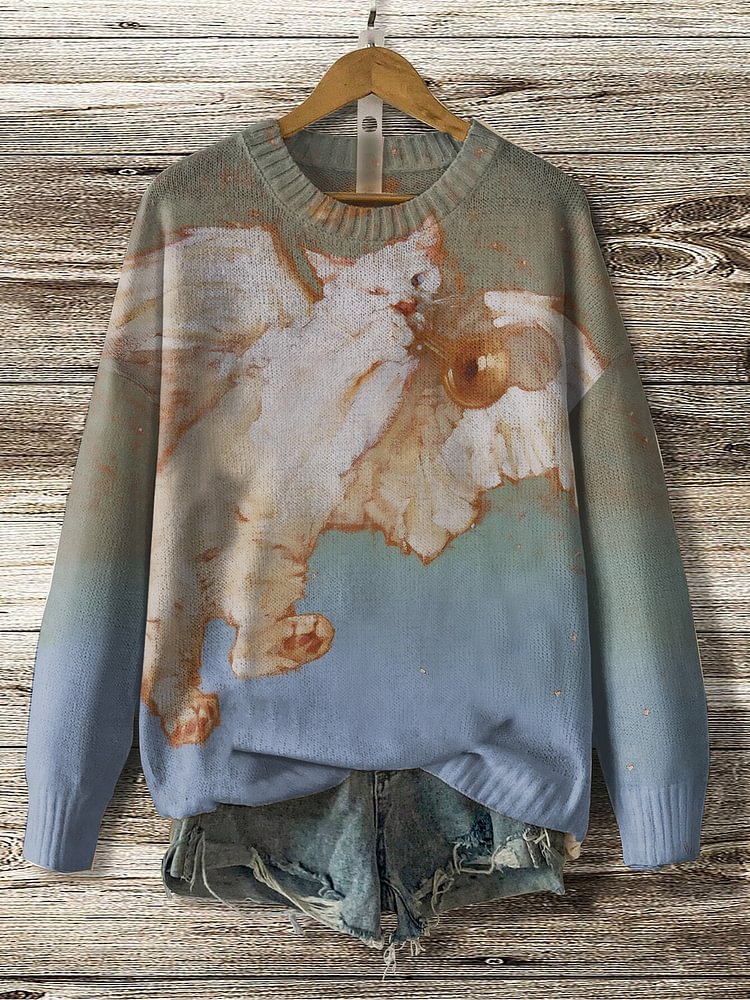 Women's Cat Angel Art Print Knit Sweatshirt