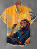 Men's Lion Red Wine Enjoys The Sunset Art Print Shirt