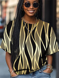 Women's Black And Gold Striped Print Casual T-Shirt