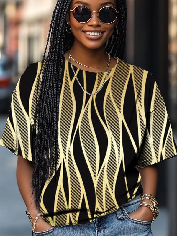 Women's Black And Gold Striped Print Casual T-Shirt