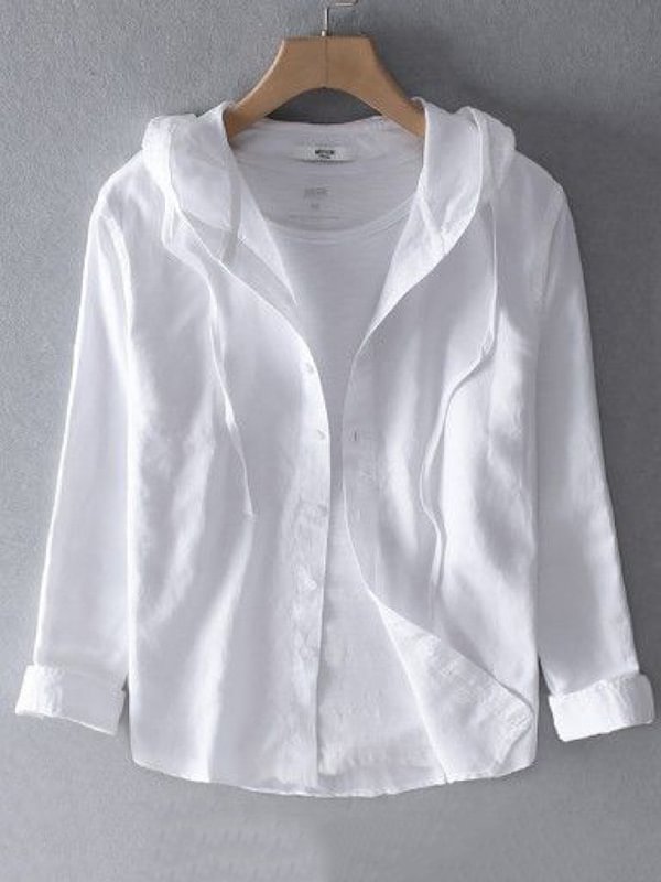 Men's Striped Print Long Sleeve Cotton And Linen Hooded Shirt