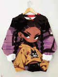 Women's Cartoon Black Girl Print Casual Sweatshirt