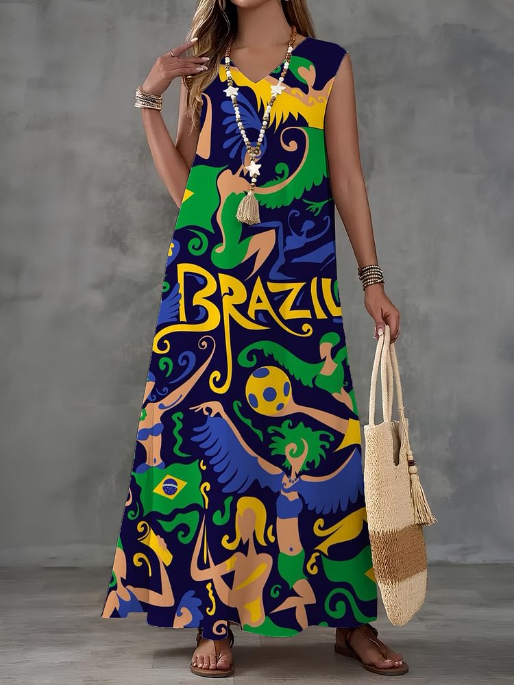 Women's Carnival in Brazil Abstract Art Print V Neck Sleeveless Maxi Dress