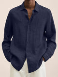 Men's Solid Turndown Collar Cotton And Linen Loose Shirt