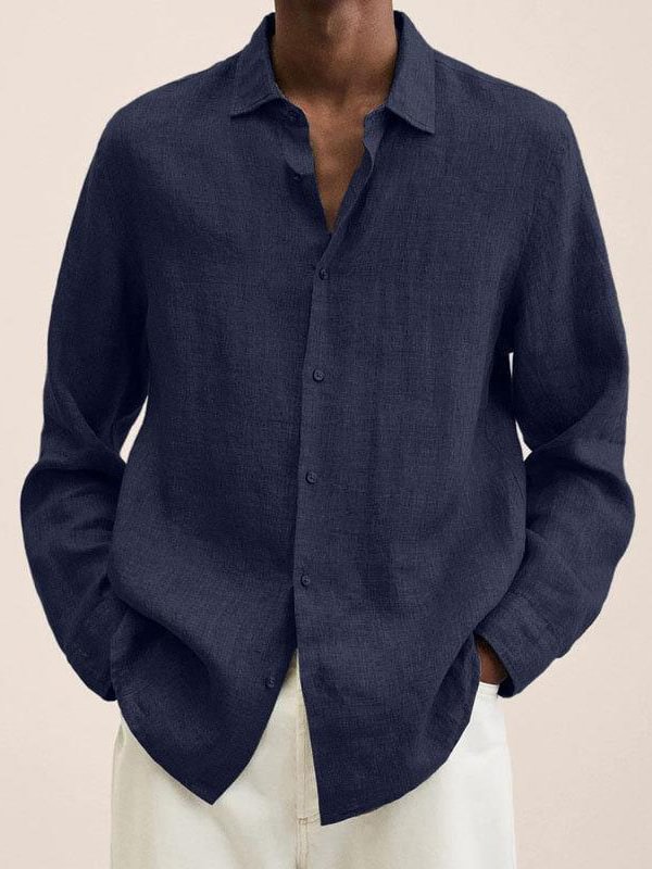 Men's Solid Turndown Collar Cotton And Linen Loose Shirt