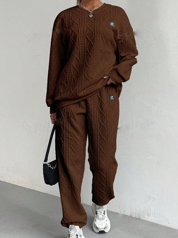 Women's Casual Solid Jacquard Textured Long Sleeve Sweatshirt Pants Matching Set