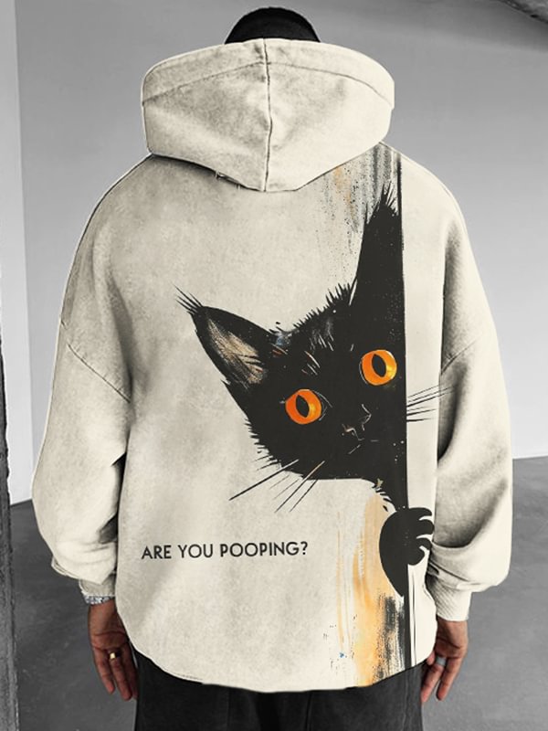 Men's Are You Pooping Black Cat Peeping Graphic Print Hooded Sweatshirt
