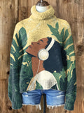 Women's Black Girl Listening To Music Plants Print High Neck Knit Sweatshirt