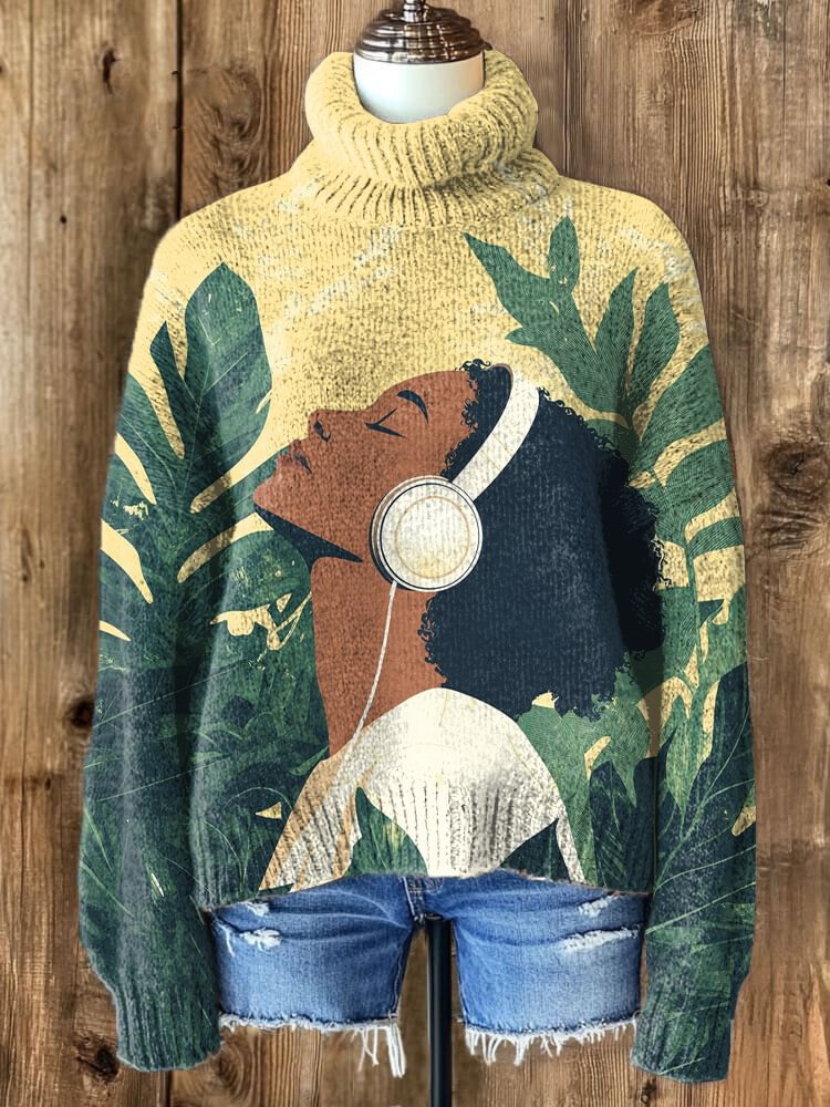 Women's Black Girl Listening To Music Plants Print High Neck Knit Sweatshirt