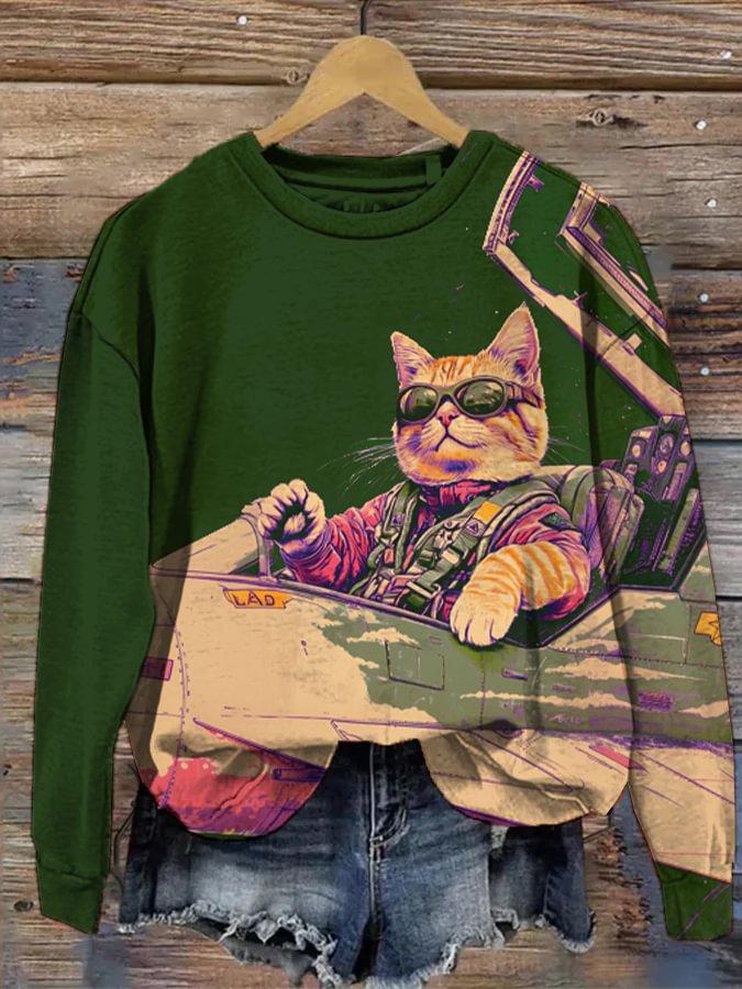 Women's Cat Pilot Fantasy Art Print Casual Sweatshirt