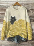 Women's Black Cat With Balls Of Yarn Print Knit Sweatshirt
