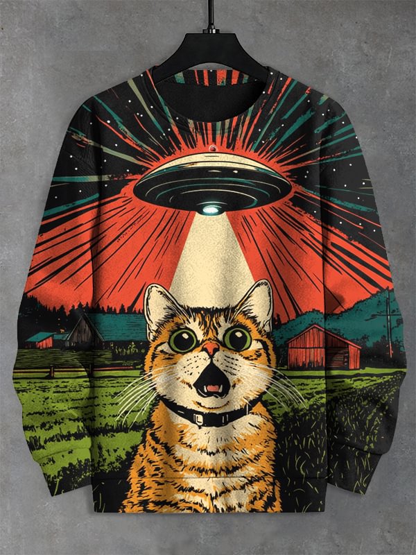 Men's Terrified Cat Encounters UFO Art Print Casual Sweatshirt