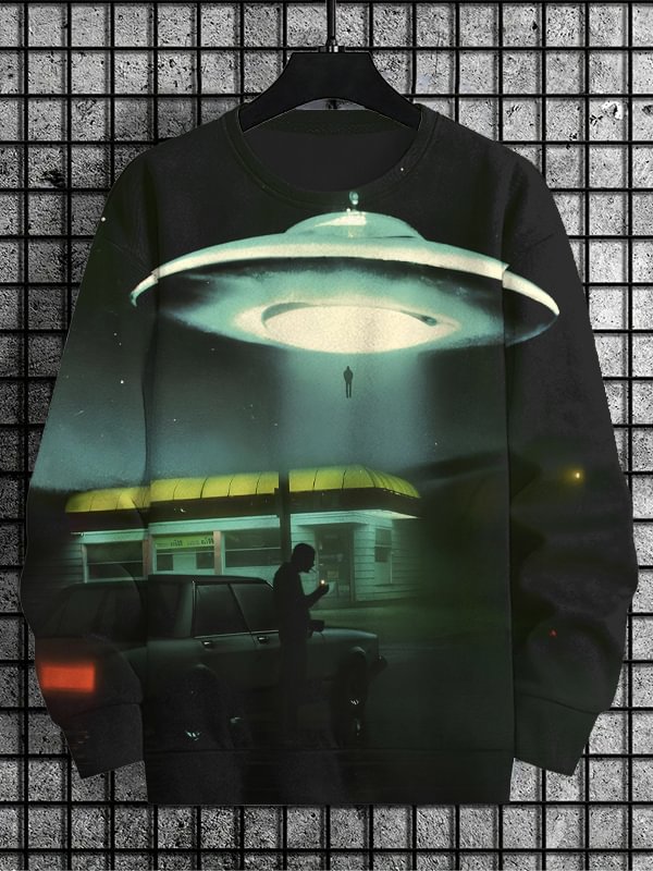 Men's Retro UFO Takes Humans Away Print Casual Sweatshirt