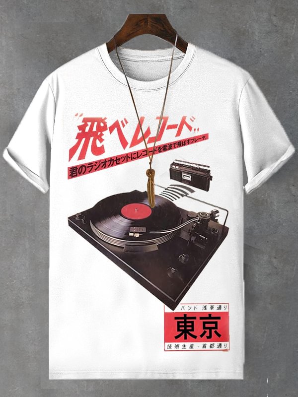 Men's Retro Japanese Tokyo Music Record Art Print Cotton Casual T-Shirt