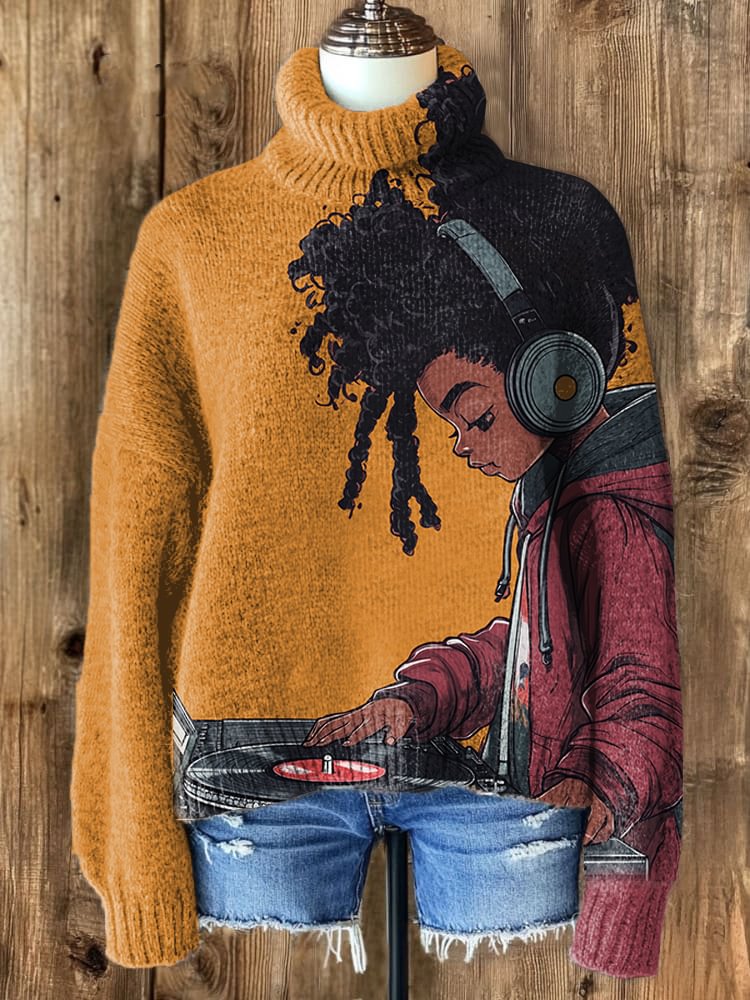 Women's Afro Kid Music Lover Print High Neck Knit Sweatshirt