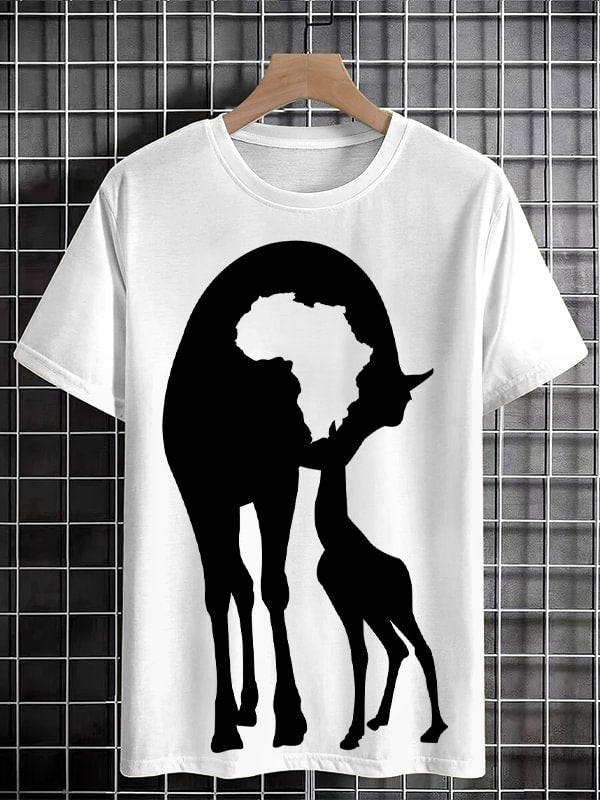 Men's Retro Cute Giraffe Africa Map Silhouette Print Cotton Casual T-Shirt