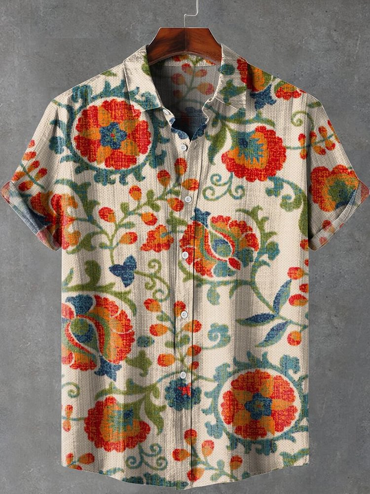 Men's Vintage Floral Art Print Linen Blend Shirt