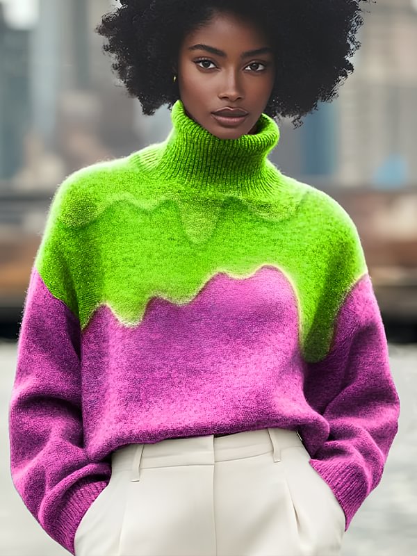 Women's Pink And Green Flow Art Print High Neck Knit Sweatshirt