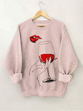 Women's Wine Glass Lip Print Cotton Long Sleeve T-Shirt Thin Sweatshirt