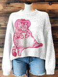 Women's Western Style Fat Cowcat Print Knit Sweatshirt