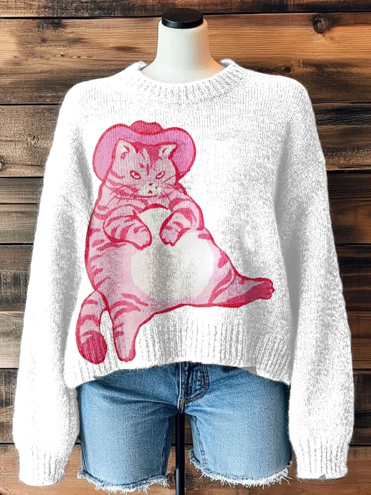 Women's Western Style Fat Cowcat Print Knit Sweatshirt