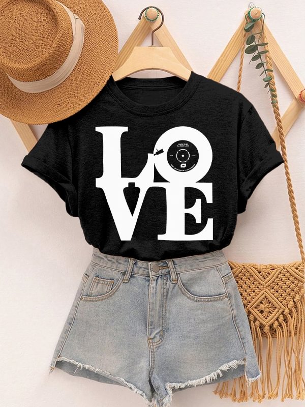 Women's Love Vinyl Record Music Art Print Cotton Casual T-Shirt