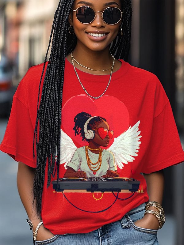 Women's Valentine's Day DJ Print Cotton Casual T-Shirt