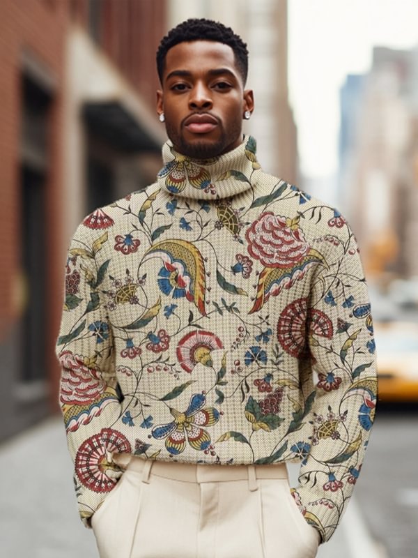 Men's Vintage Flowers Pattern Print High Neck Knit Sweatshirt
