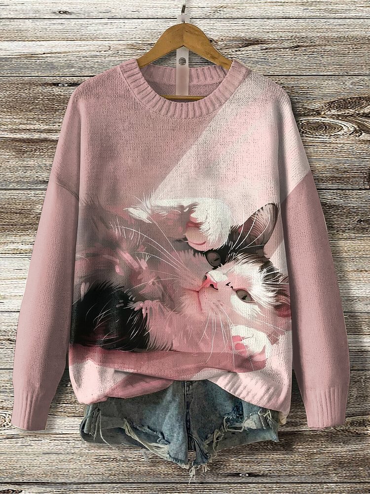 Women's Beautiful Cat Art Print Knit Sweatshirt