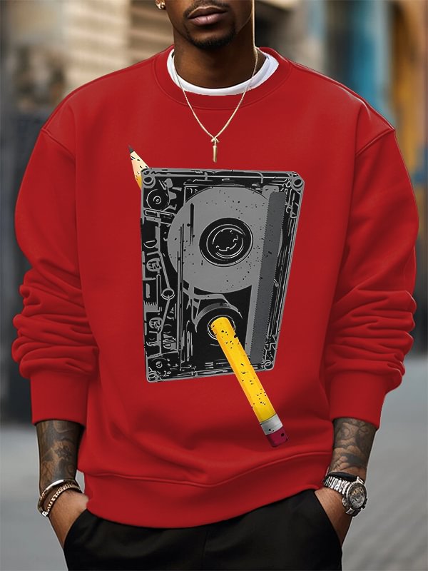 Men's Cassette Tape And Pencil Retro Art Print Cotton Casual Sweatshirt