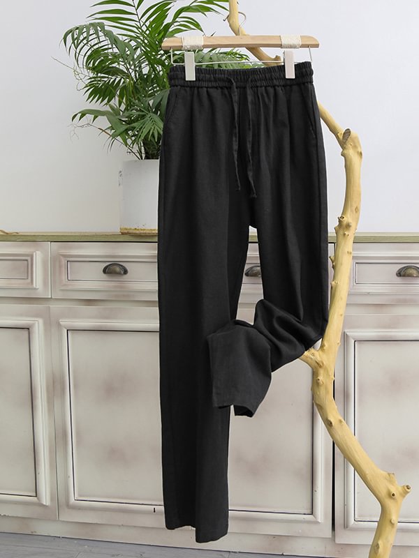 Men's Cotton Linen Plain Elastic Drawstring Waist Wide Leg Pants