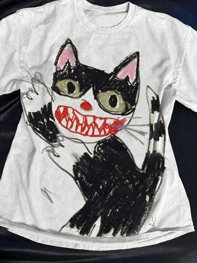 Men's Horror Cat Crayon Art Print Casual T-Shirt