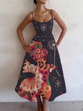 Women's Cartoon Art Bird Print Cami Midi Dress
